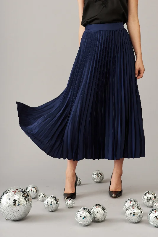 Allison Midi Pleat Skirt In Navy Satin