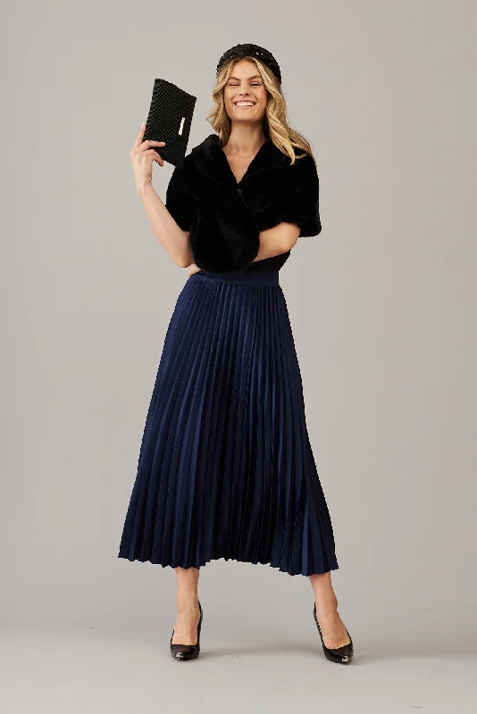 Allison Midi Pleat Skirt In Navy Satin