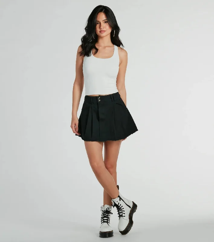 Cutting Edge Mid Rise Pleated Denim Skort