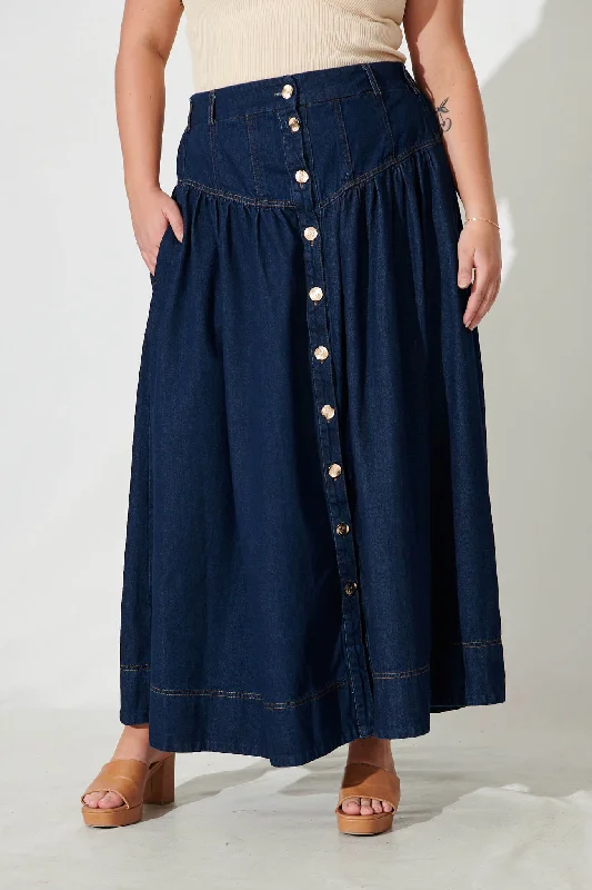 Judith Maxi Denim Skirt In Dark Blue