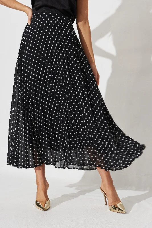 Tallie Midi Pleat Skirt In Black With White Spot Chiffon