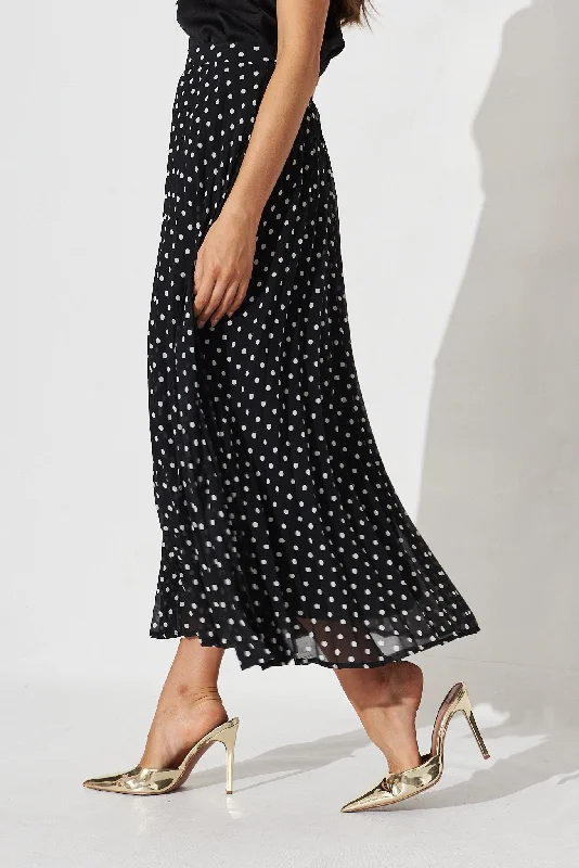 Tallie Midi Pleat Skirt In Black With White Spot Chiffon