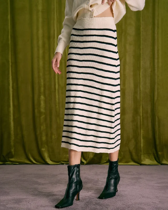 The Beige Elastic Waist Striped Knit Midi Skirt