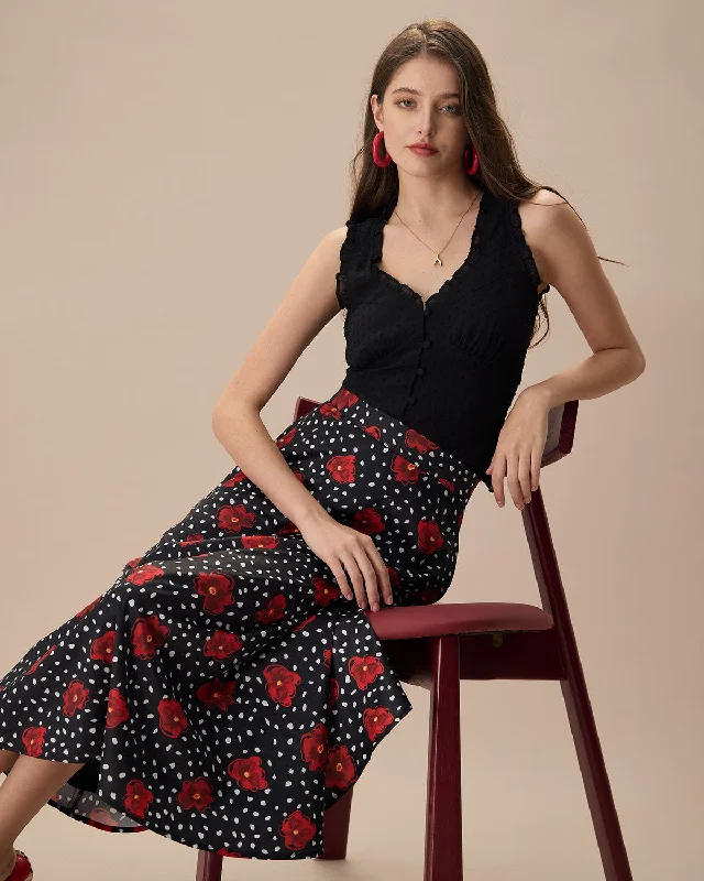 The Black High-Waisted Floral Pocket Midi Skirt