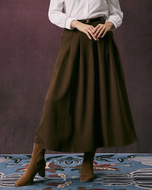 The Dark Coffee Slant Pocket Pleated Midi Skirt