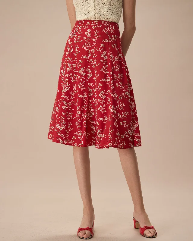 The Red High-Waisted Floral Midi Skirt