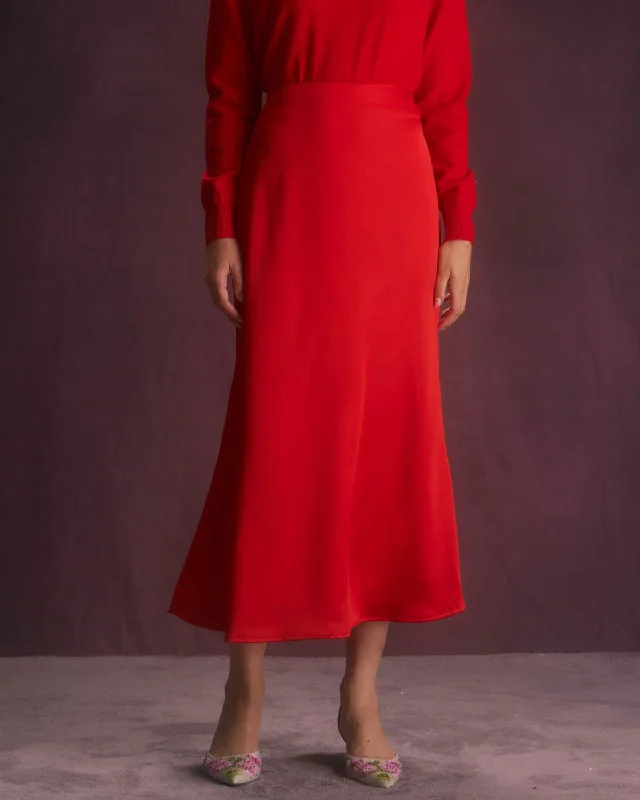 The Red Natural Waisted Satin Midi Skirt