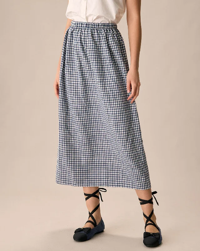 Women's Blue High-Waisted Plaid Midi Skirt