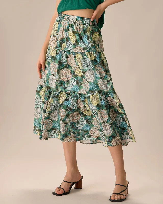 Women's Green Elastic Waist Floral Midi Skirt