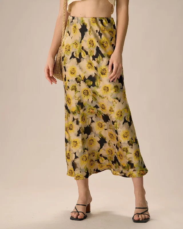 Women's Yellow High-waisted Floral Midi Skirt