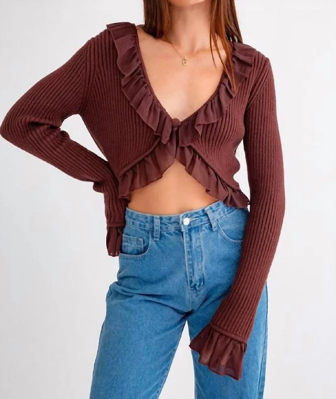 Ava Ruffle Detail Sweater Top In Brown