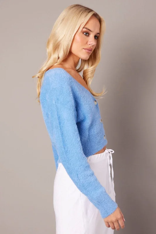 Blue Fluffy Knit Cardigan Long Sleeve V Neck