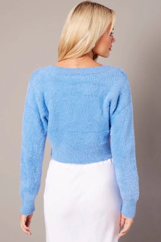 Blue Fluffy Knit Cardigan Long Sleeve V Neck