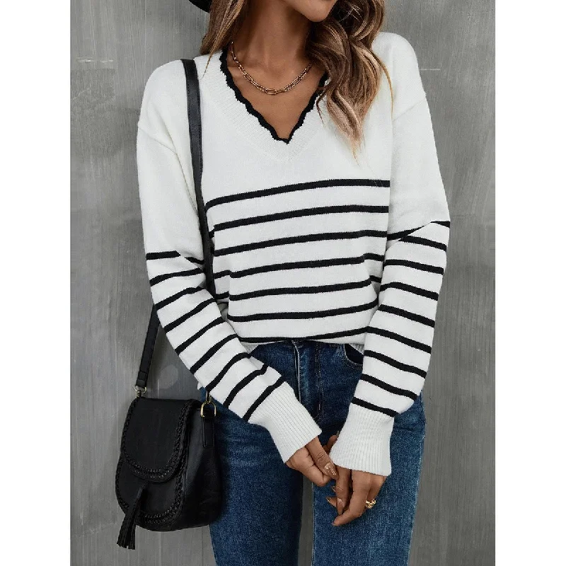 Comfortable Women's Innovative Shirt V-neck Striped Sweaters