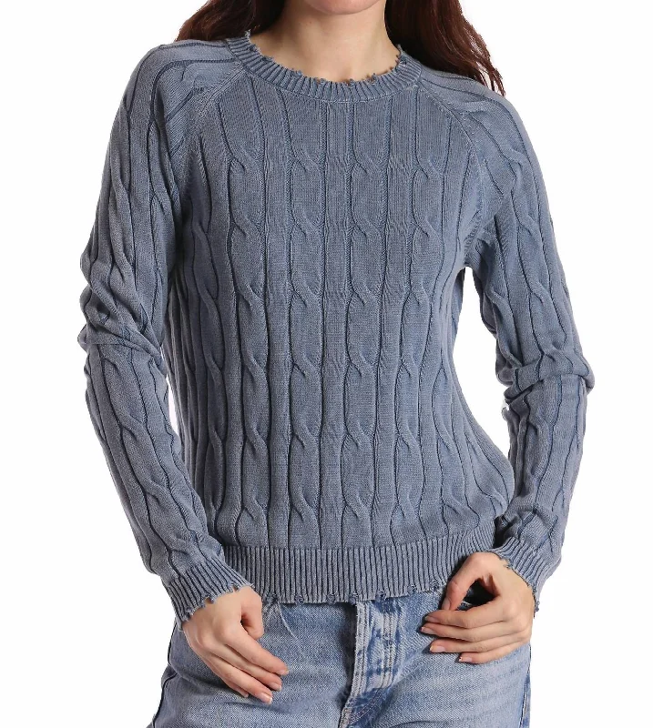 Cotton Stone Wash Distressed Cable Crew Sweater In Fresco Blue