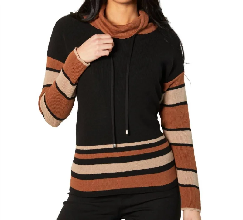 Drawstring Turtleneck Ribbed Sweater In Black/mocha