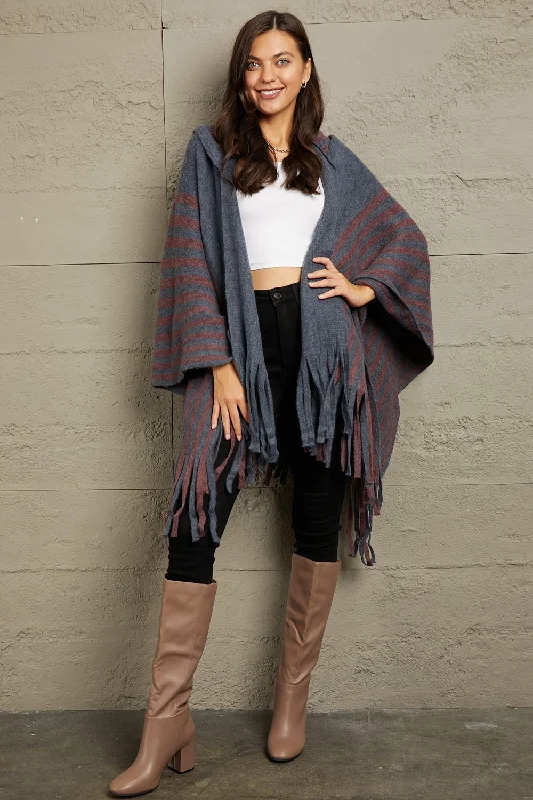 e.Luna Stripe Hooded Poncho Cardigan