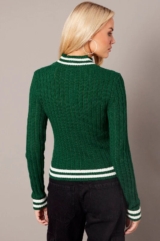 Green Zip Up Cardigan Long Sleeve Mock Neck Stripe Trim