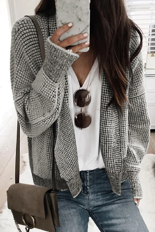 Grey Plaid Contrast Trim Open Front Cardigan