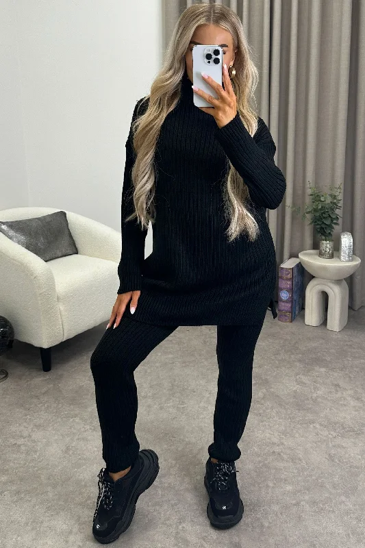 Juniper Black Oversized Roll Neck Knitted Co-Ord