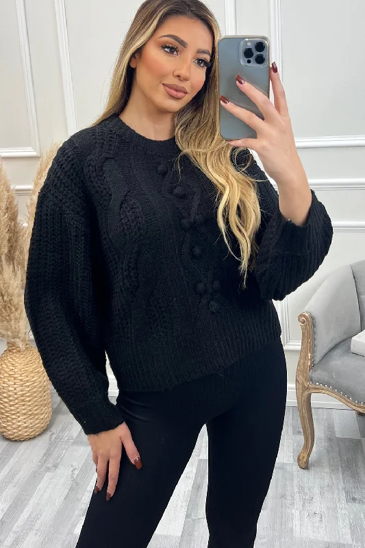 Mabel Black Cable Knit Bobble Detail Jumper