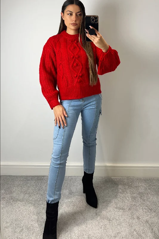 Mabel Red Cable Knit Bobble Detail Jumper