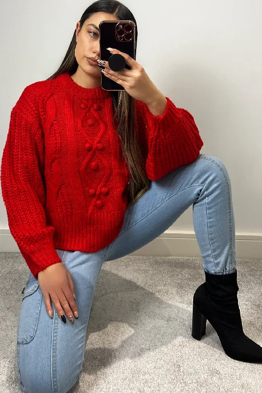 Mabel Red Cable Knit Bobble Detail Jumper