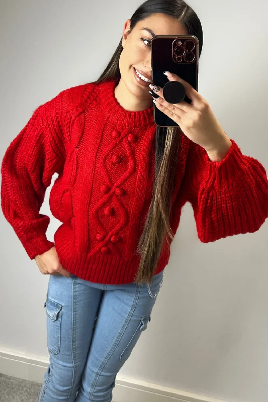 Mabel Red Cable Knit Bobble Detail Jumper