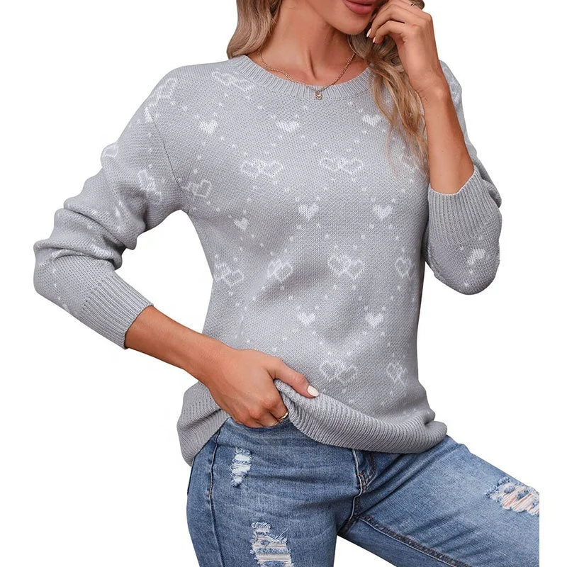 New European American Sweater Heart-To-Heart Connection Full Of Small Heart Round Neck Pullover Loose Casual Women