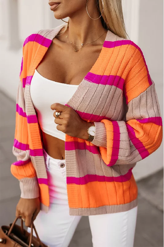 Orange Striped Colorblock Drop Shoulder Slouchy Cardigan