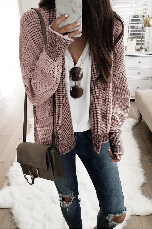 Pink Chunky Waffle Knit Oversized Collar Cardigan