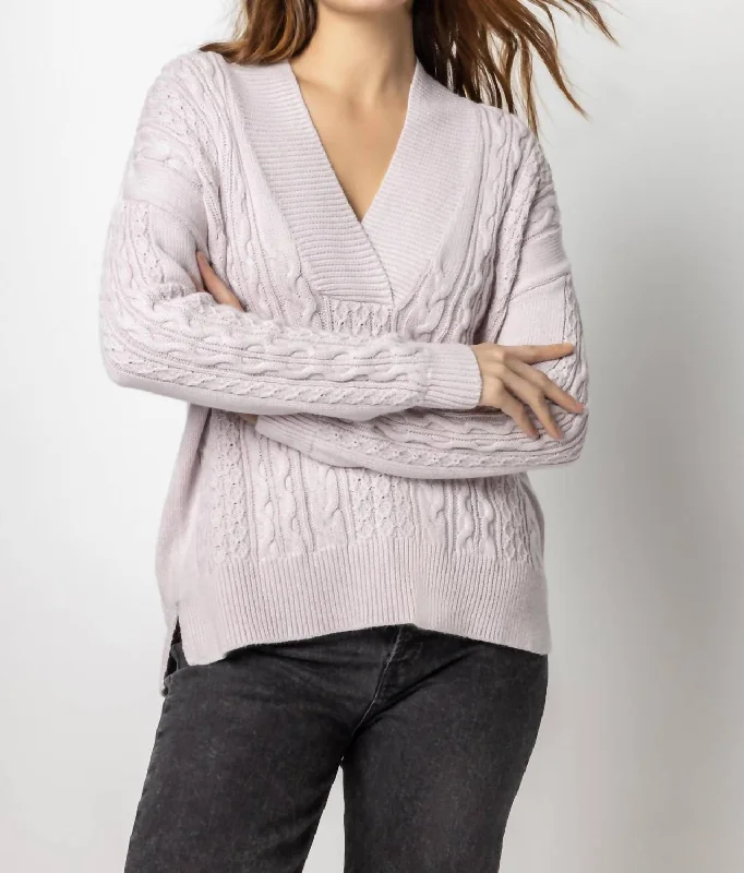 Shawl Collar Cable Sweater In Lilac