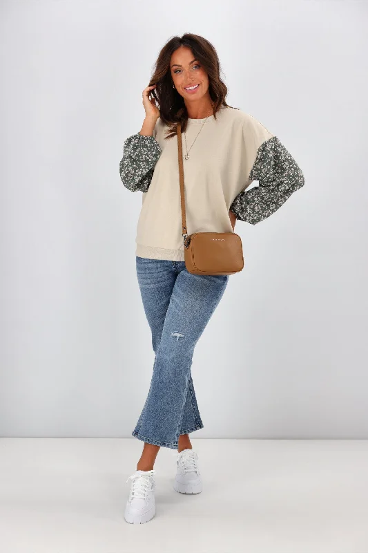 Shine On label Sabine Floral Sleeve Crew Top Oatmeal