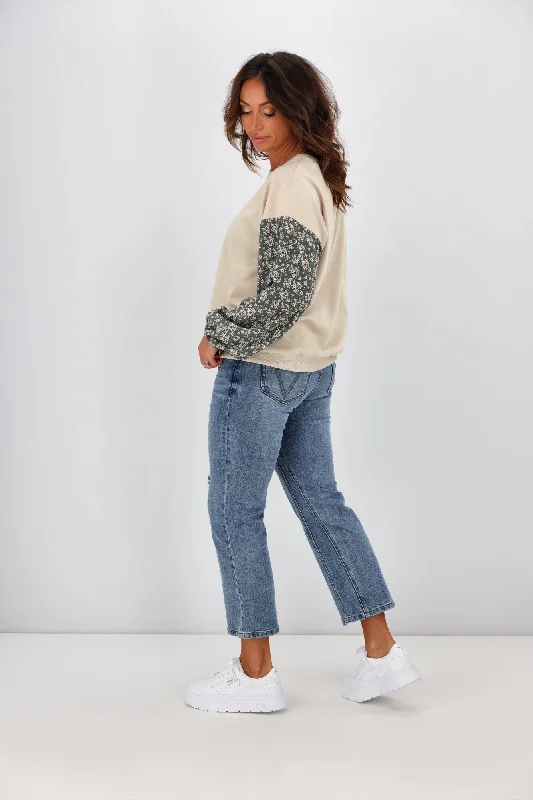 Shine On label Sabine Floral Sleeve Crew Top Oatmeal