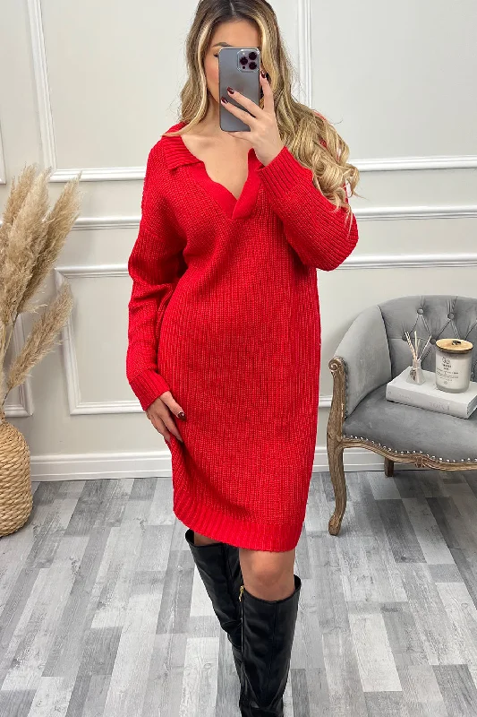 Tia Red V Neck Collar Knitted Dress