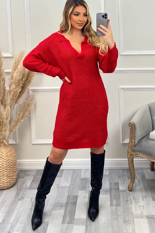 Tia Red V Neck Collar Knitted Dress