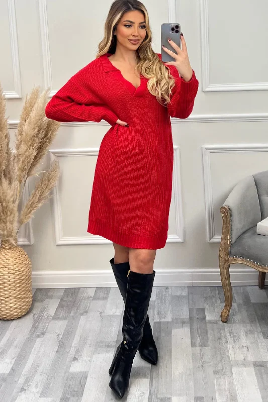 Tia Red V Neck Collar Knitted Dress