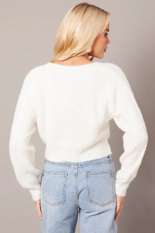 White Fluffy Knit Cardigan Long Sleeve V Neck