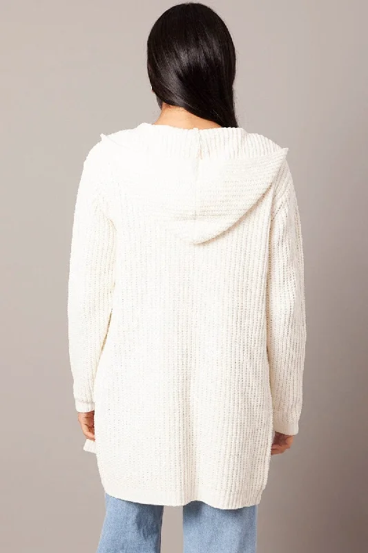 White Knit Cardigan Hooded Longline Chenille