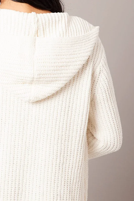 White Knit Cardigan Hooded Longline Chenille