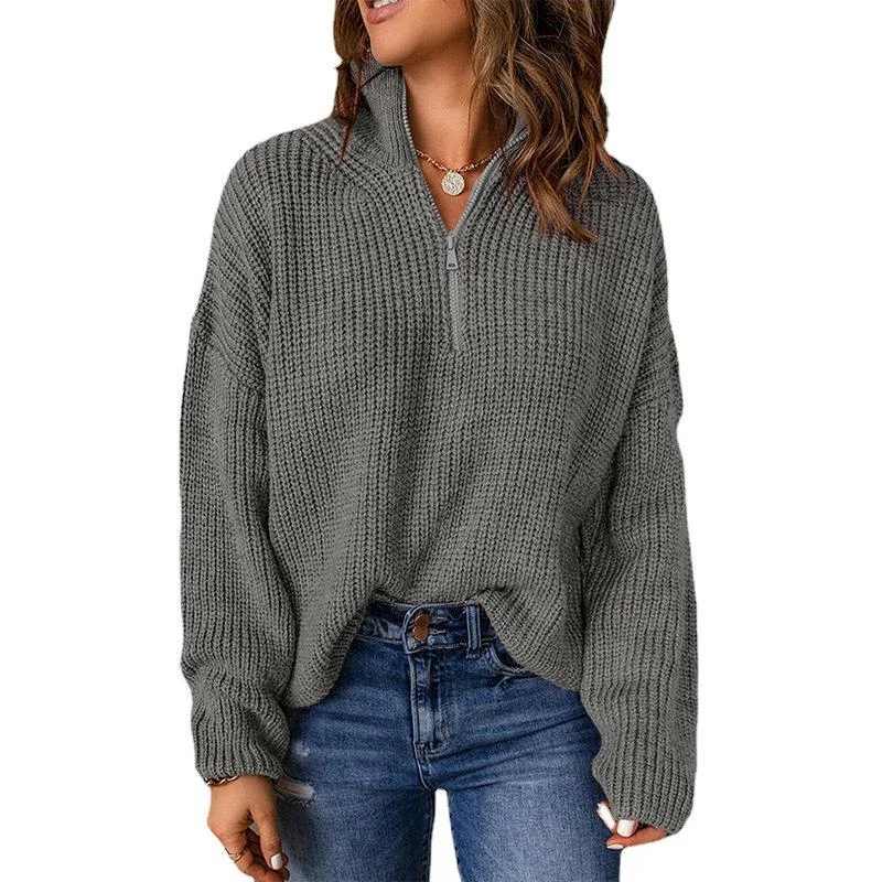 Women's Solid Color Pullover Turtleneck Zipper Loose Sweaters