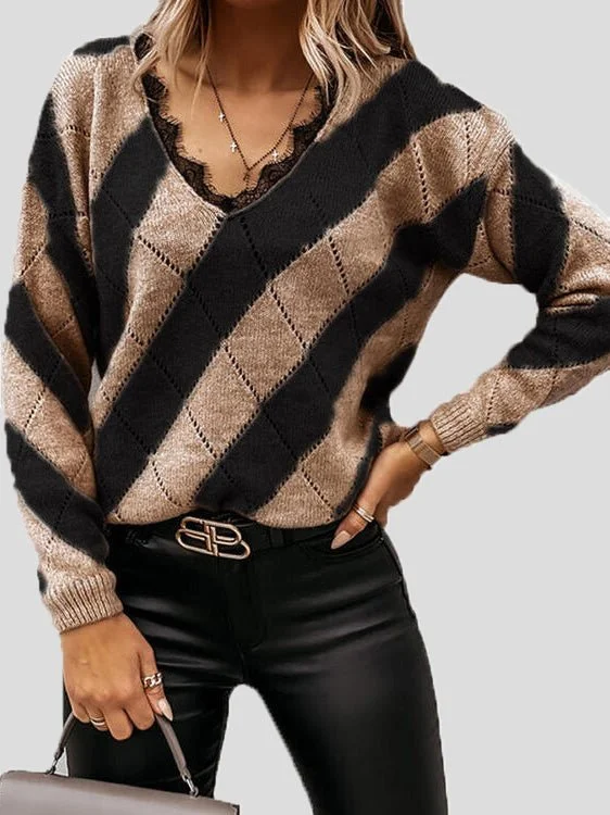 Colorblock Lace V-Neck Long Sleeve Sweater