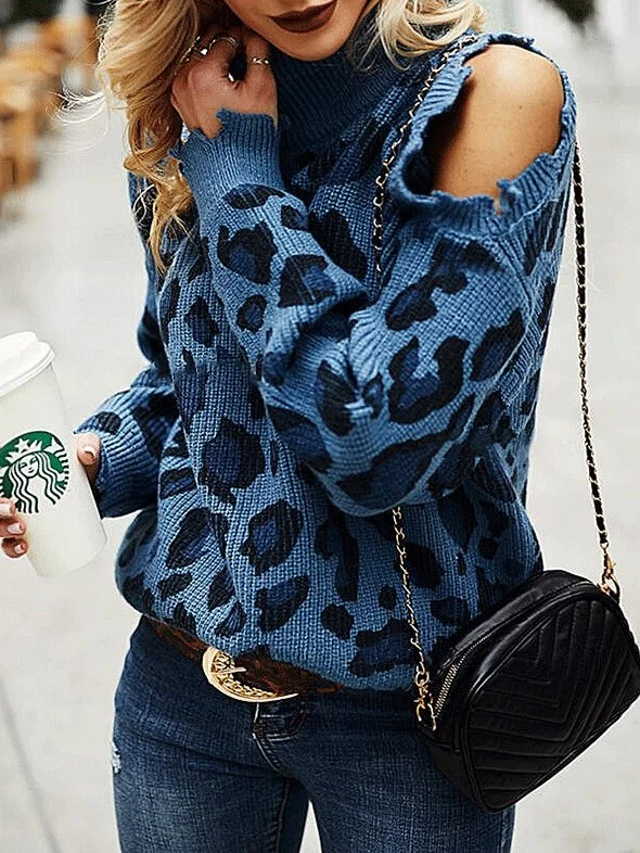 Leopard Print High Neck Long Sleeve Off-Shoulder Knitted Sweater