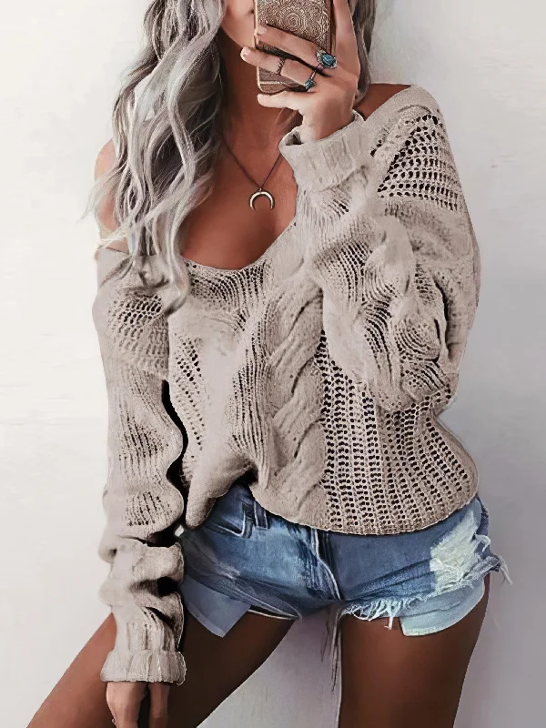 Solid V-Neck Twist Pullover Sweater