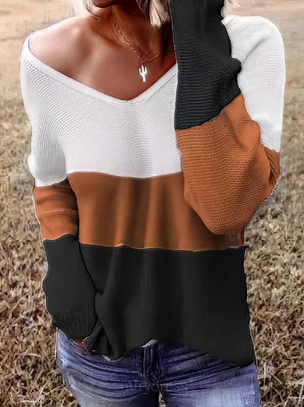 V-Neck Long Sleeve Striped Knitted Sweater