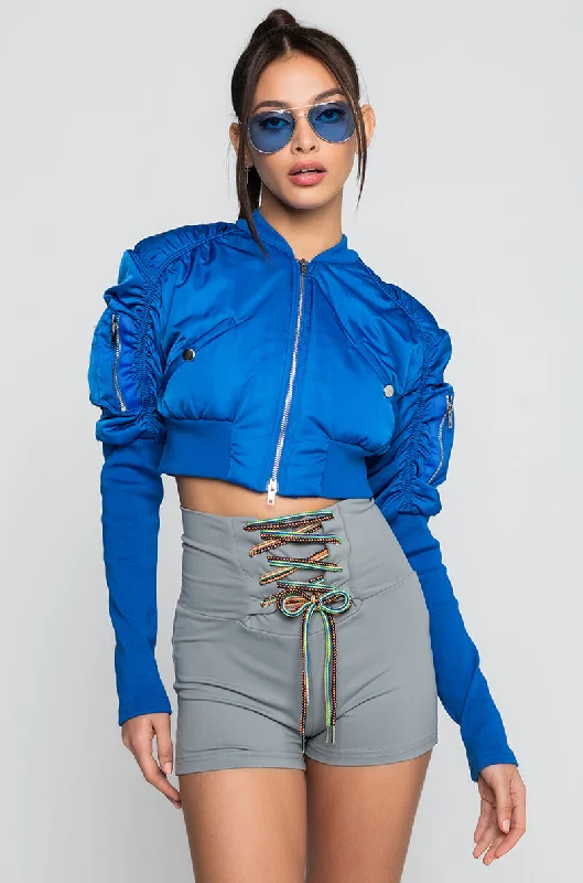 BABBS SKINNY ARM BOMBER JACKET IN BLACK BLUE