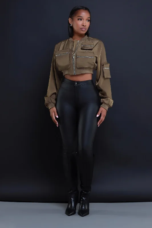 Checklist Cropped Cargo Bomber Jacket - Olive