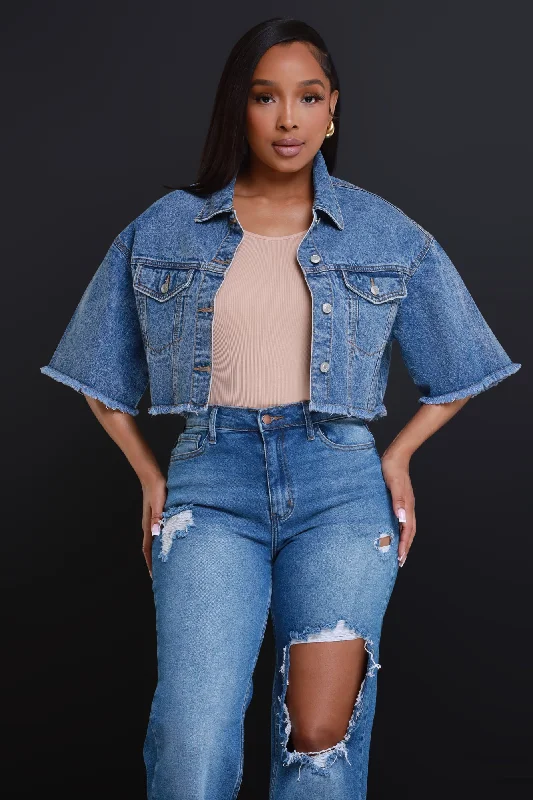 Click Short Sleeve Cropped Denim Jacket  - Medium Wash