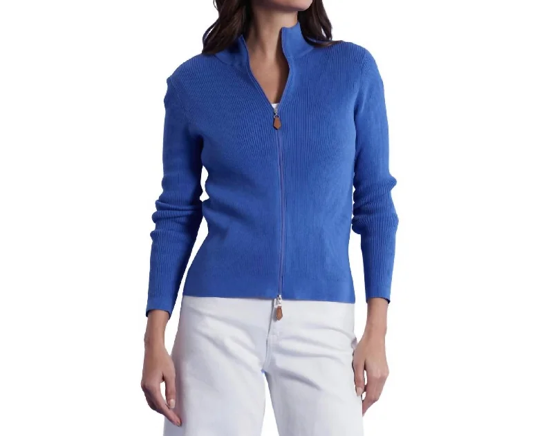 Cotton Zip Front Cardigan In Bermuda Blue