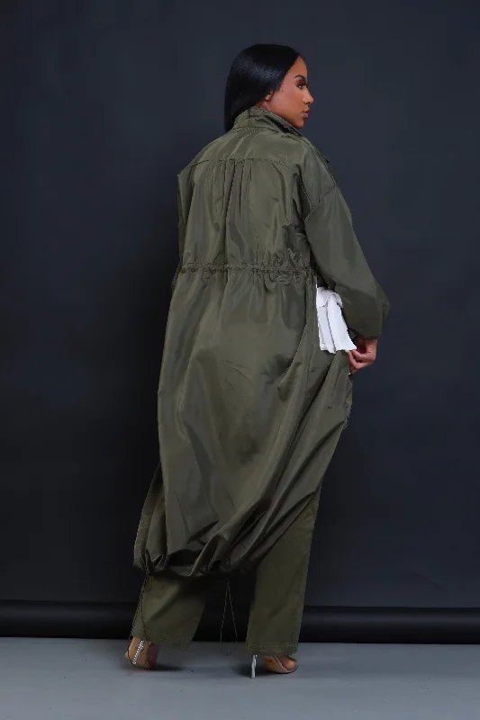 Just Like It Contrast Longline Trenchcoat - Olive